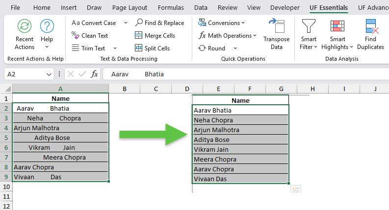 Trim Text in Excel in one cl