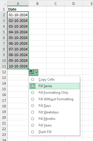 Get the Date Series in Excel using Autofill