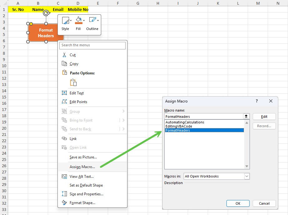 Assign the Macro to a shape in Excel