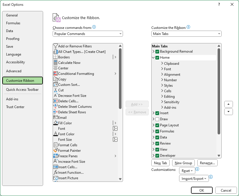 Customize the Ribbon in Excel
