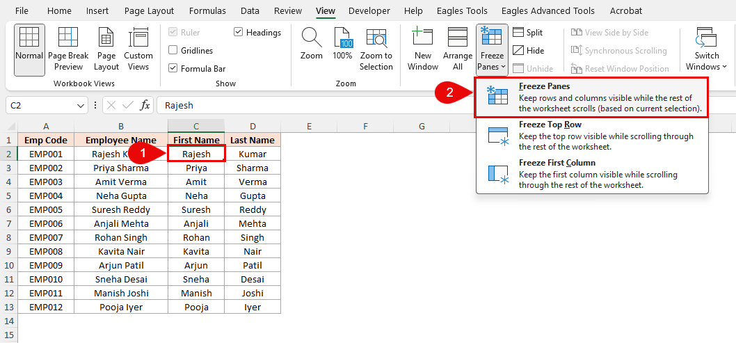 Freeze Multiple Rows and Columns in Excel