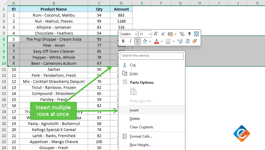 Insert Multiple Rows at once in Excel
