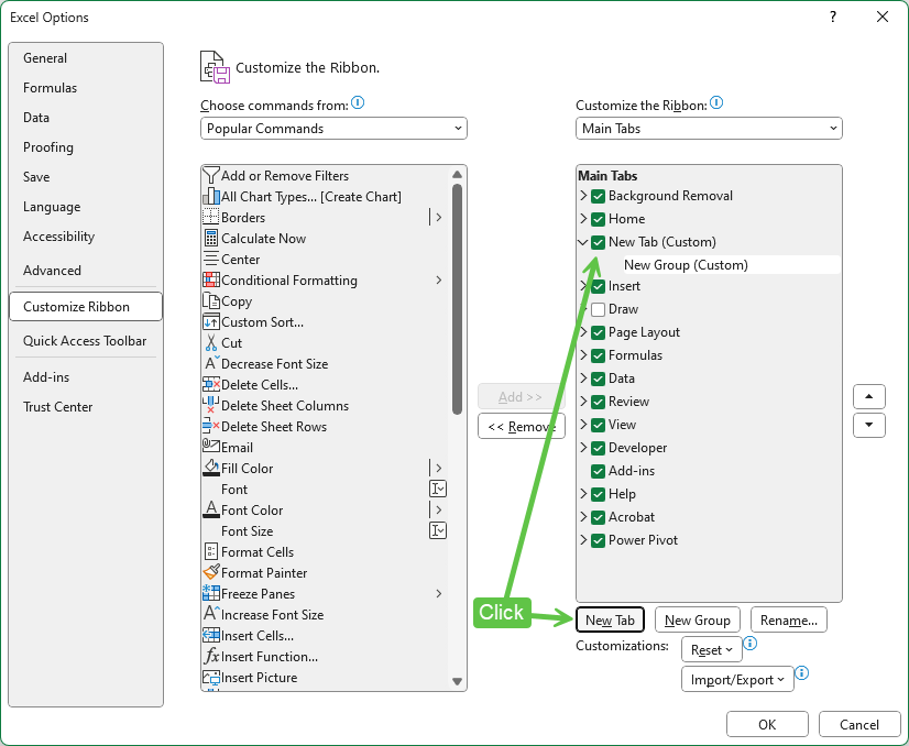 Creating a new tab in ribbon in Excel