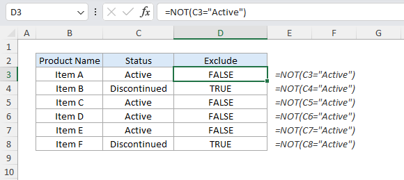 NOT Function in Excel