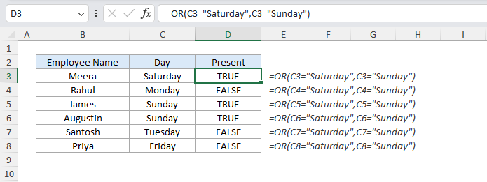 OR Function in Excel