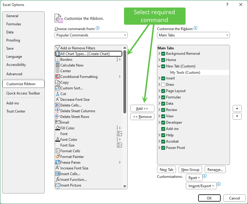 Select a Command in Ribbon