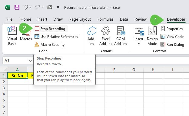 Stop Recording Macro in Excel