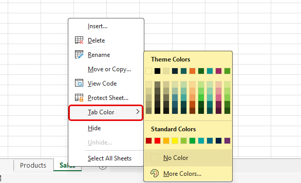 Change tab color in Excel