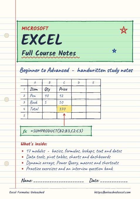 Microsoft Excel - Full Course Notes Beginner to Advanced - Excel template preview