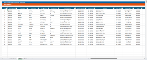 Employee Directory Excel Template Database