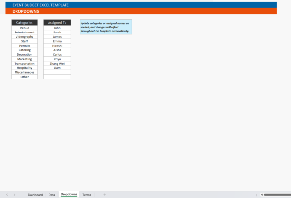 Event Budget Excel Template Dropdowns Tab
