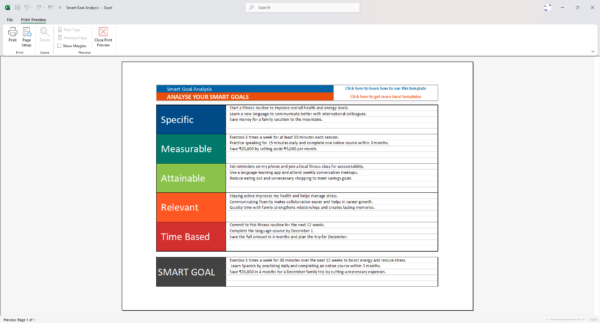 SMART Goals Analysis Print Preview Template