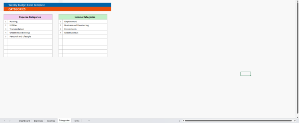 Weekly Budget Planner & Expense Tracker Categories