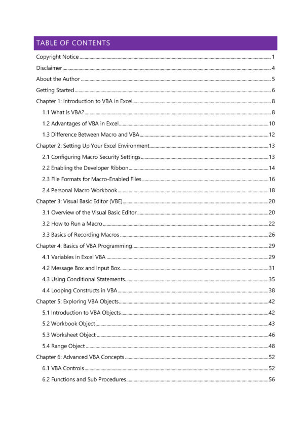 VBA Mastery Guide Table of Contents